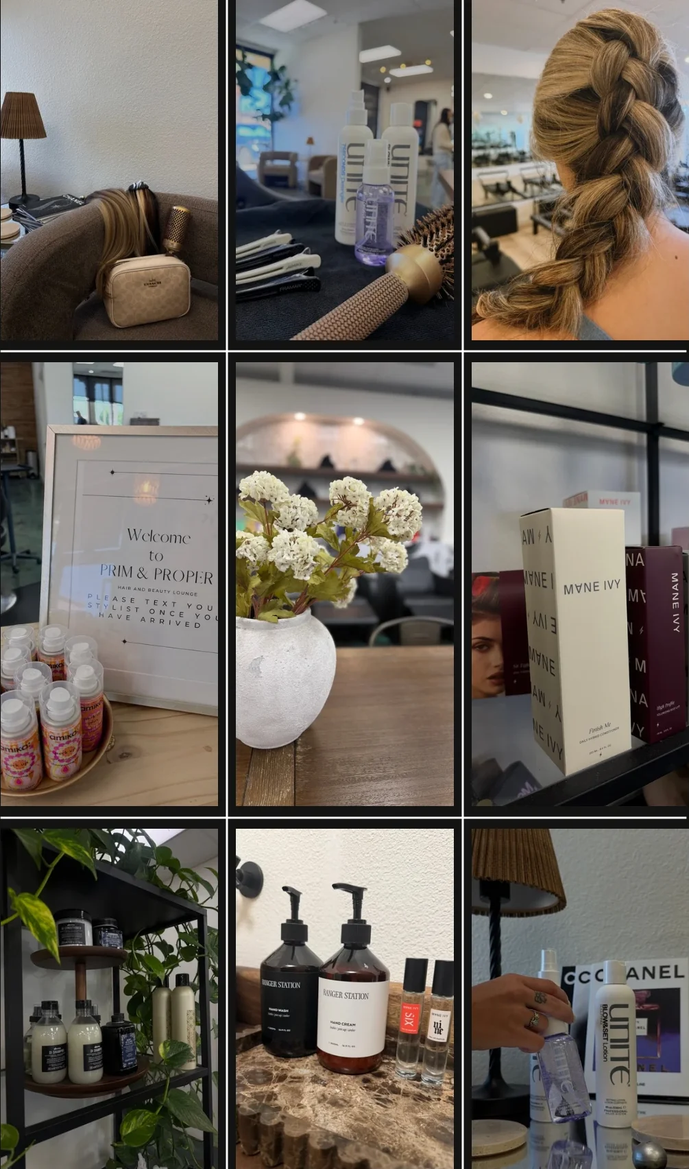 Inside Prim and PROPER: the welcome sign, styling products, a braided style, and salon details